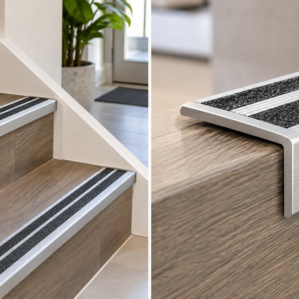 A34 35 x 35mm anodised aluminium non slip ribbed stair nosing installed on wood-effect stairs in a modern home