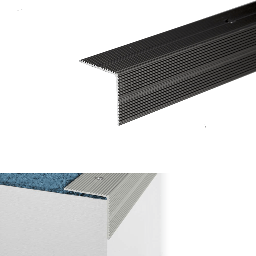 Black metal stair tread with product details on a white background