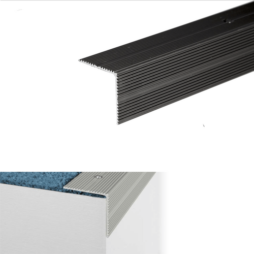 Black metal stair tread with product details on a white background