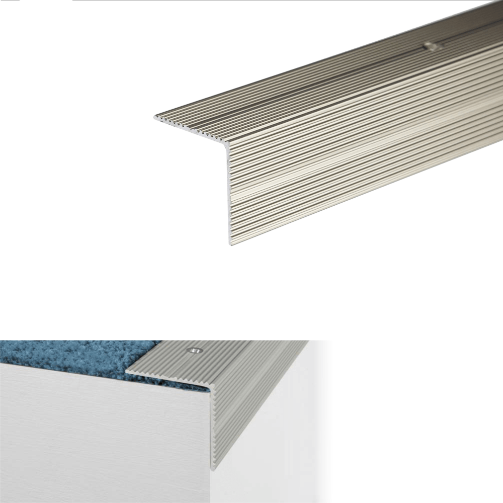 Metal stair tread with anodized finish and dimensions on a white background