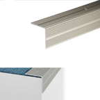 Metal stair tread with anodized finish and dimensions on a white background
