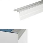 Silver metal stair tread with features and dimensions on a white background