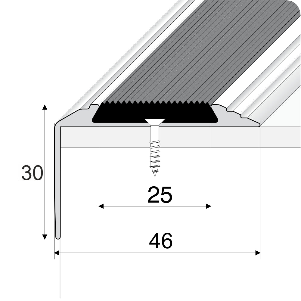 A38 - 46 x 30mm Anodised Aluminium Non Slip Rubber Stair Nosing Edge Trim