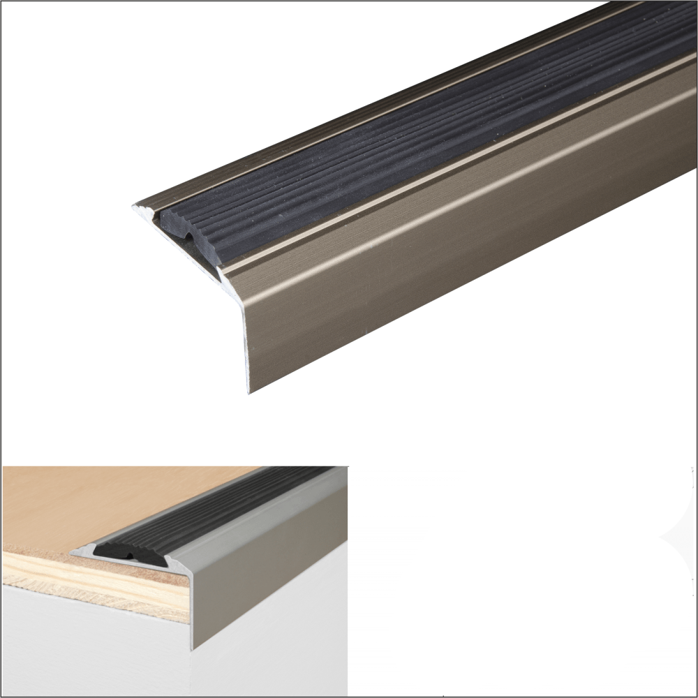 Stair tread with champagne finish and black rubber, featuring product details on a white background.