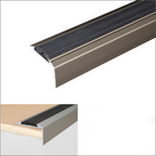 Stair tread with champagne finish and black rubber, featuring product details on a white background.