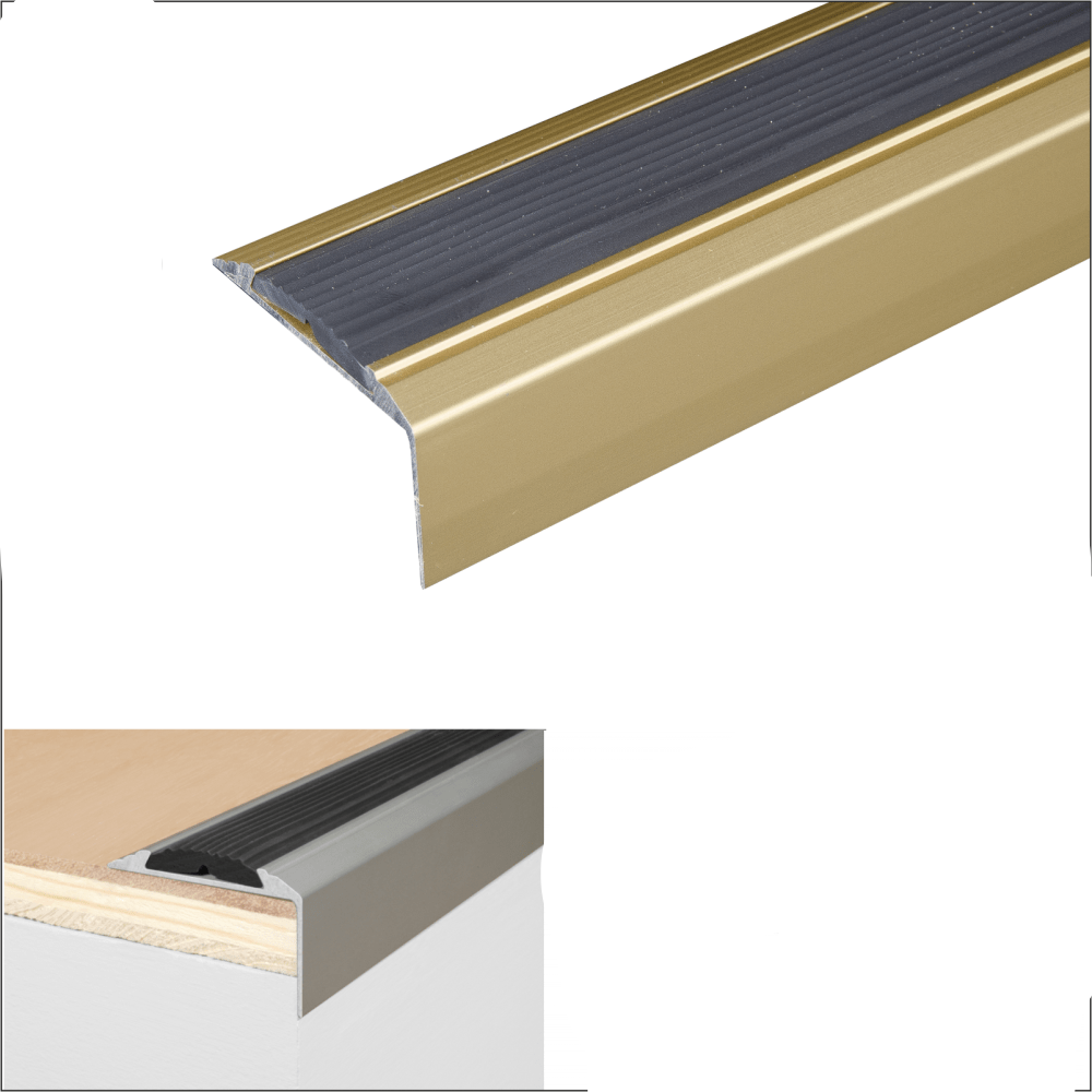 Gold stair tread with black rubber on a white background, showing product details and dimensions.