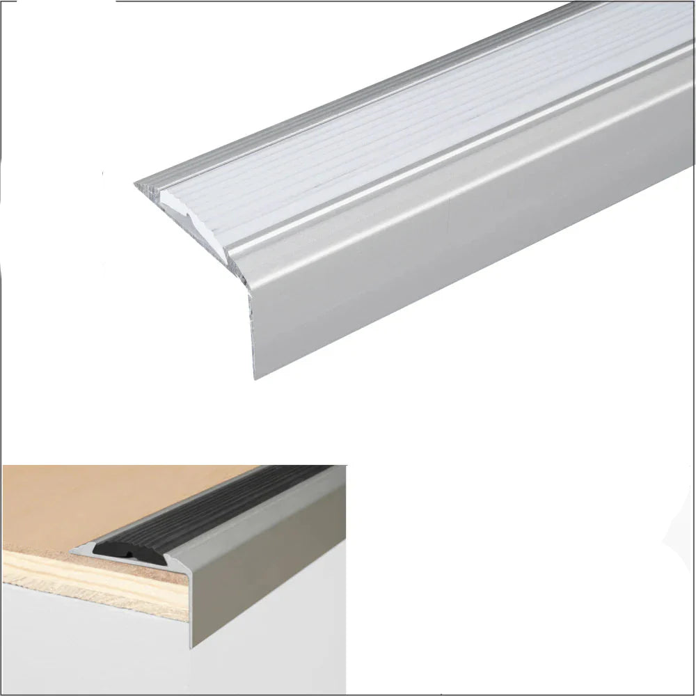 Stair tread with silver metal and gray rubber design, featuring product details on a white background.