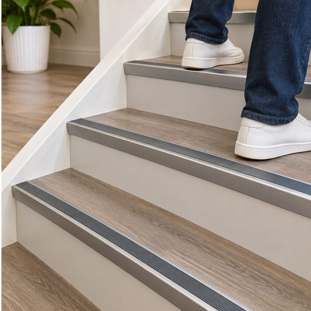 A42 41 x 26.6mm anodised aluminium non slip ribbed stair nosing installed across a modern staircase with a person using the stairs