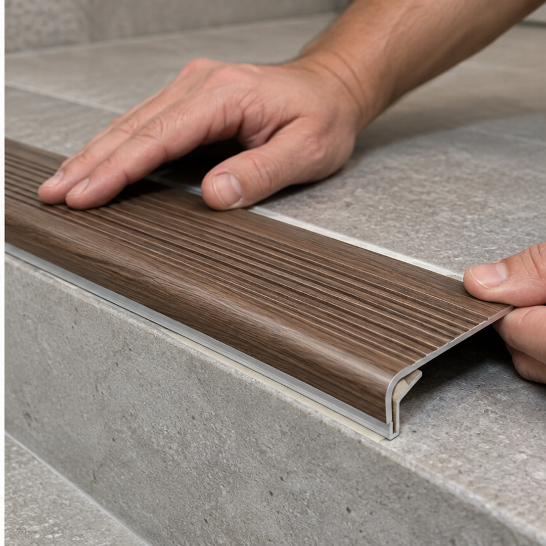 Close-up of A44 41 x 26.6mm anodised aluminium non slip stair nosing with tape being positioned on a stair edge