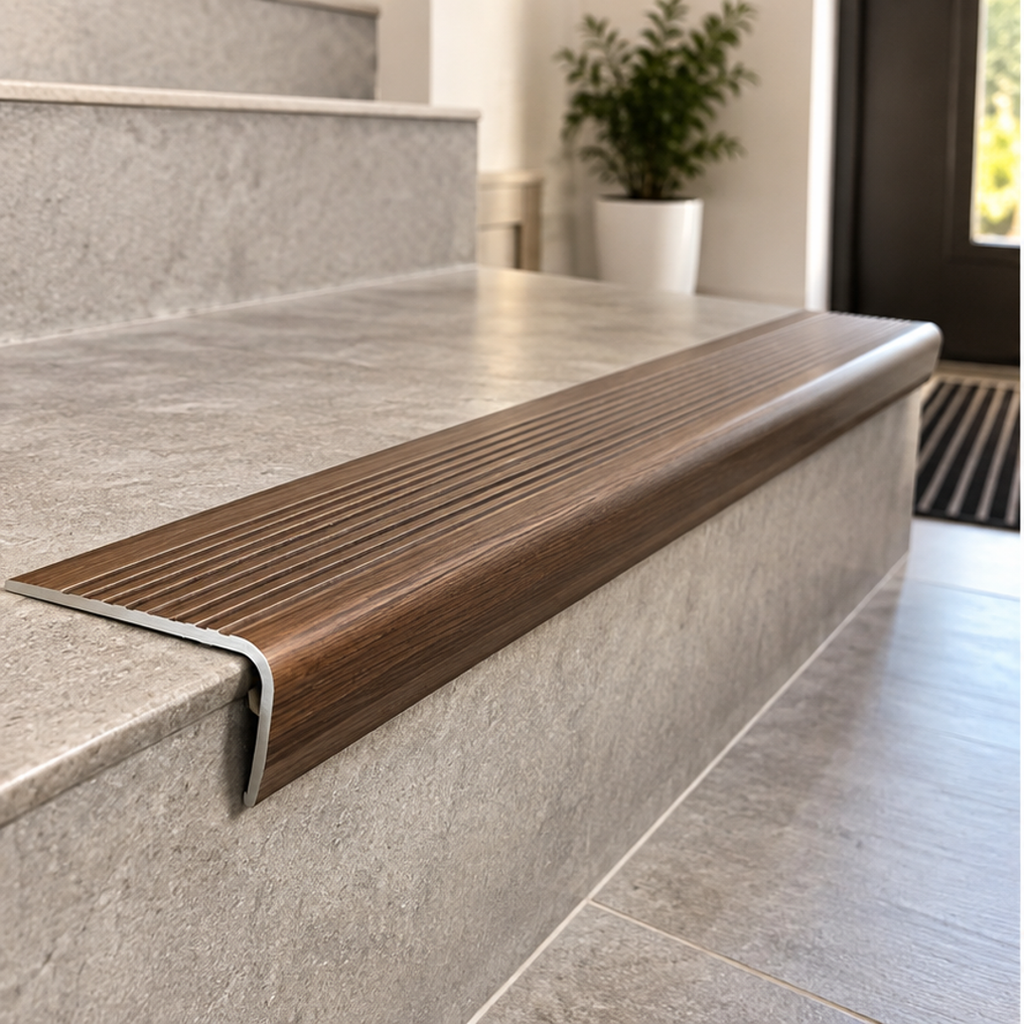 A44 41 x 26.6mm anodised aluminium non slip stair nosing with tape installed on a tiled staircase