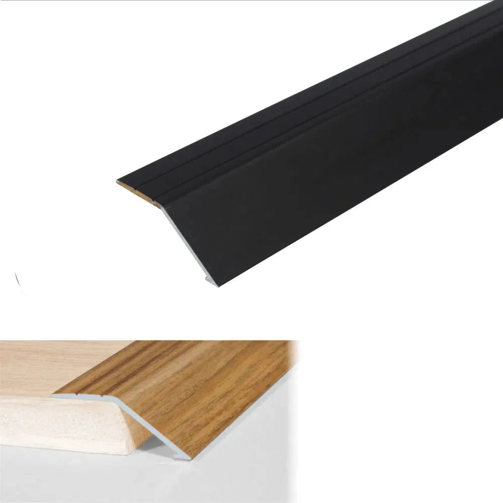 Black floor trim with wooden flooring and technical details on a white background