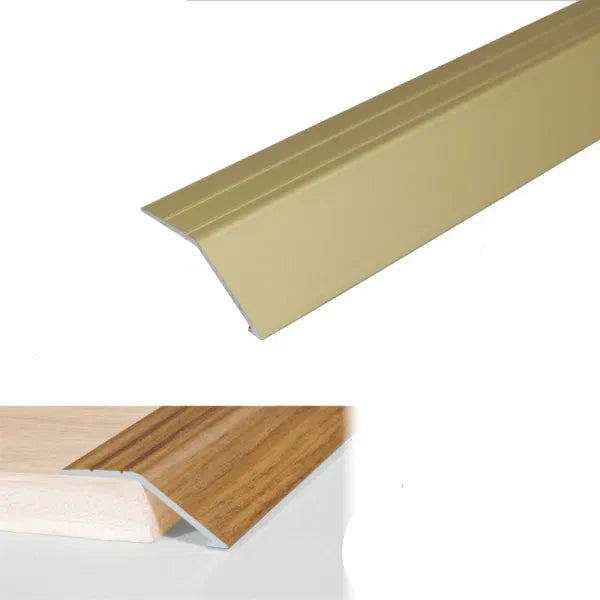 Gold metal strip with anodized finish on a white background