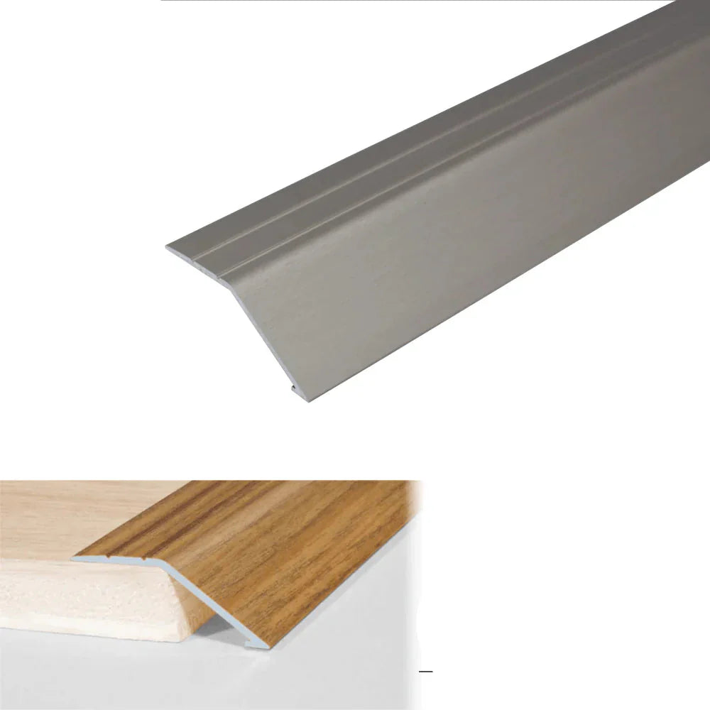 Metallic strip with anodized finish on a white background, showing dimensions and material details.