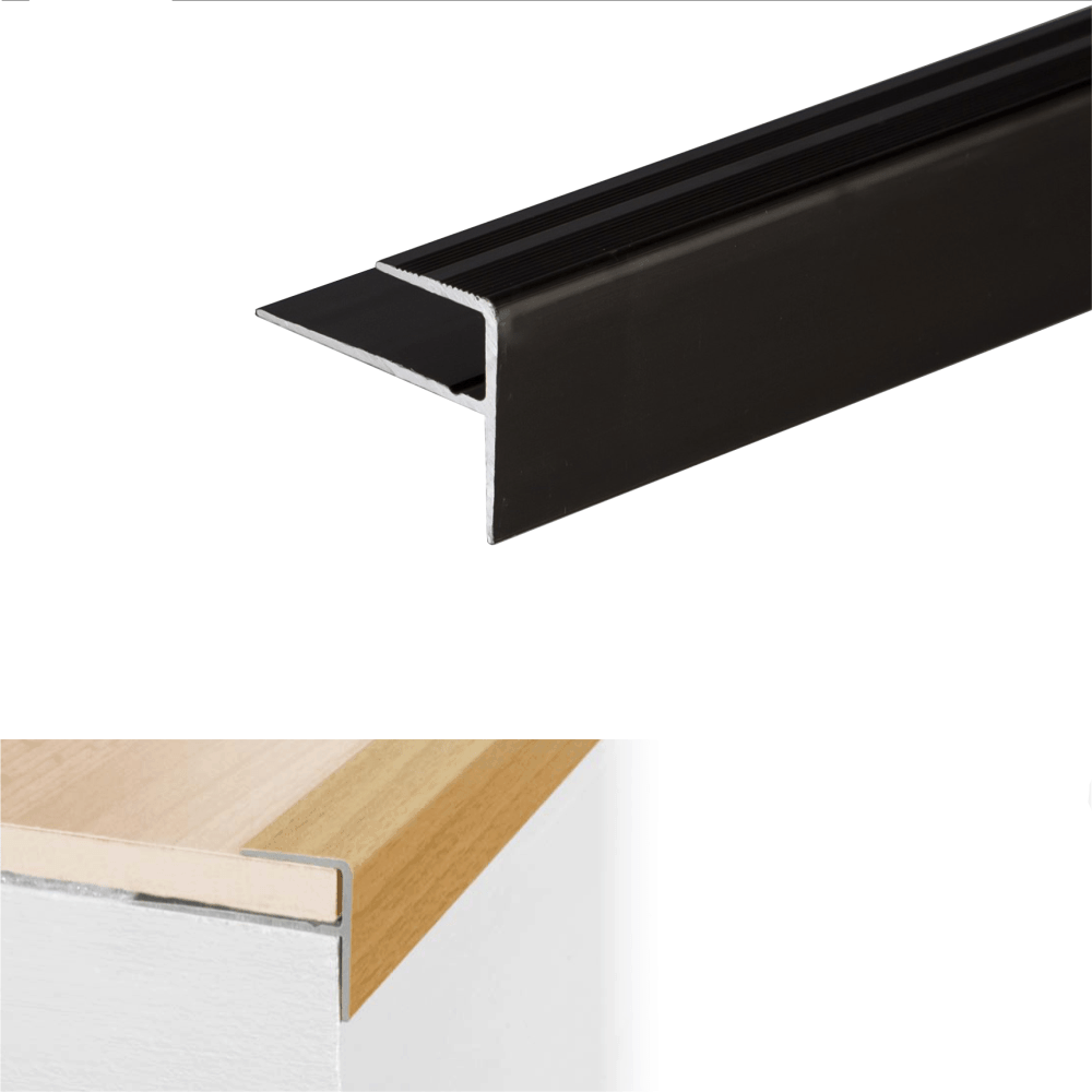 Black metal threshold with installation diagram on a white background