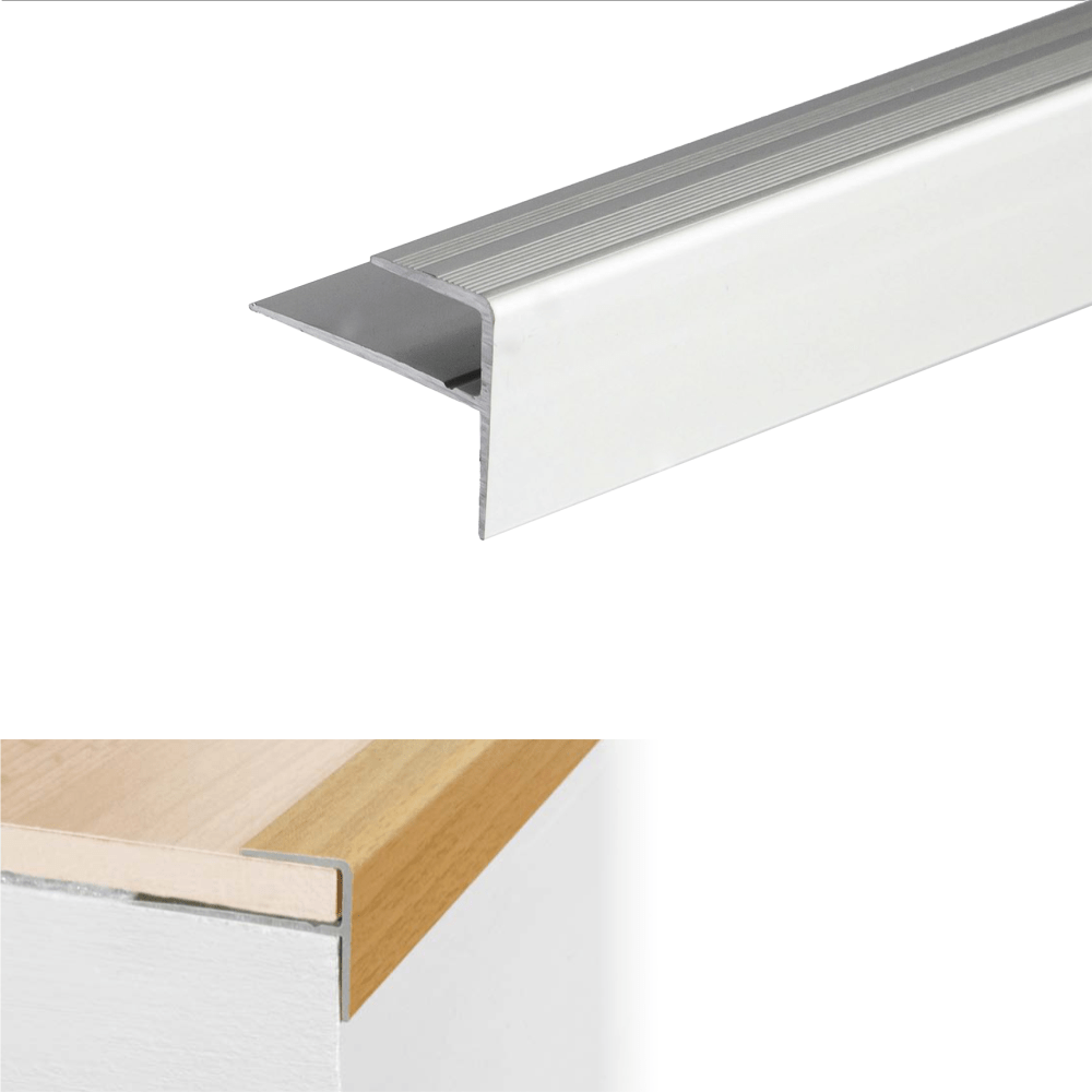 Silver metal stair nosing with installation diagram on a white background