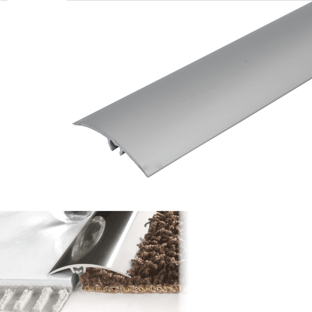 Silver door strip with installation instructions and product details on a white background