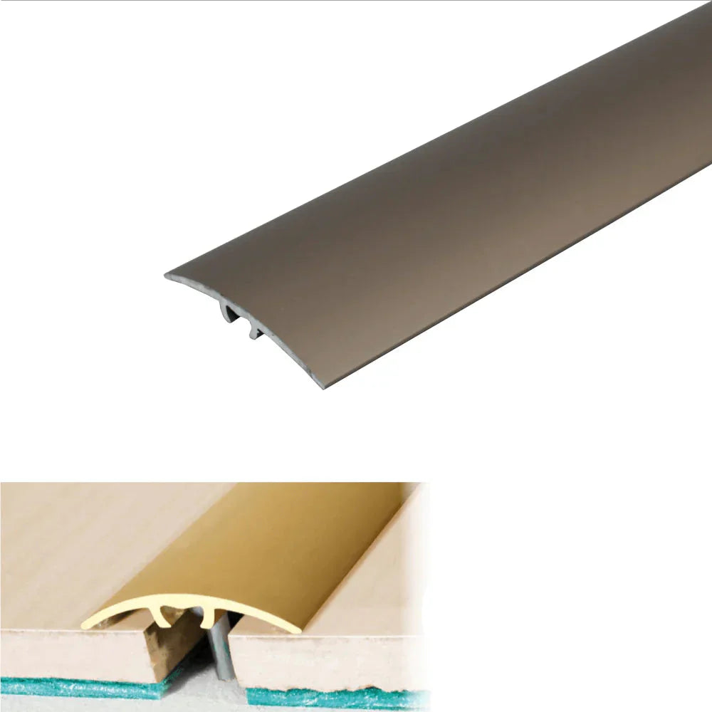 Metallic strip with champagne finish on a white background, showing dimensions and installation details.