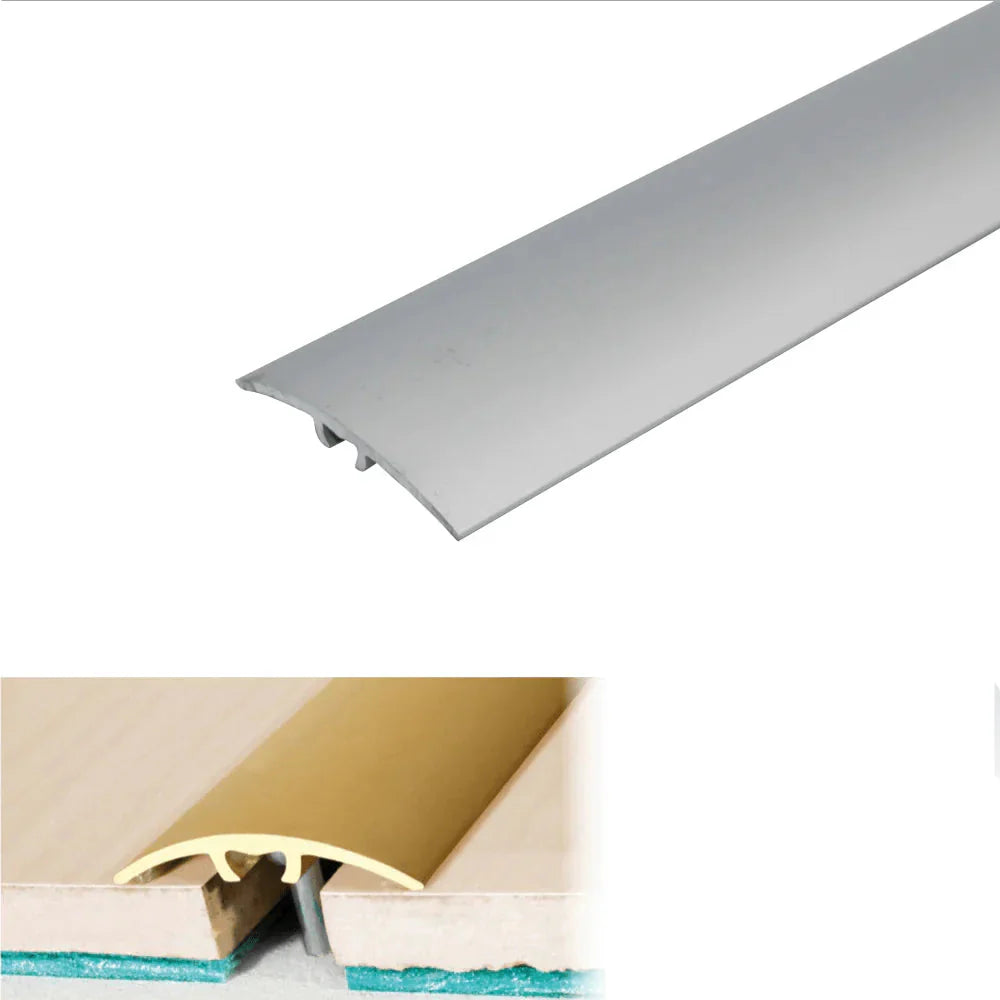 Silver metal threshold strip with anodized finish on a white background