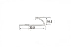 A black and white technical line drawing showing the dimensions of a decorative molding or trim piece, with a length of 35.5 and a height of 10.