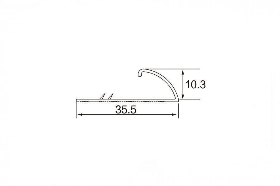 A black and white technical line drawing showing the dimensions of a decorative molding or trim piece, with a length of 35.5 and a height of 10.