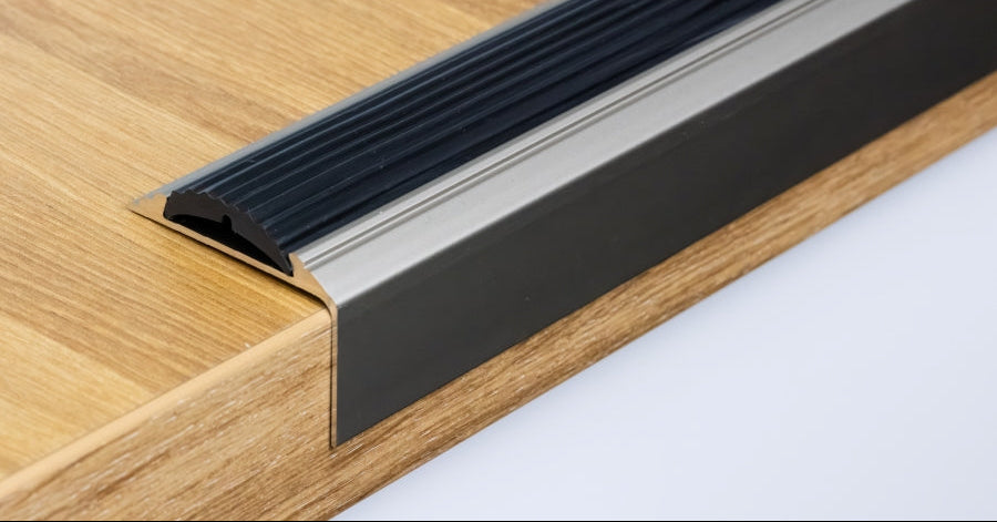 Aluminium Stair Nosing with Rubber Insert 46 MM x 30 MM x 1.2 M & 2.4 M Length Anodised Anti-Slip- PS6