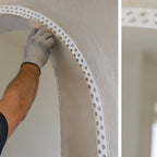 Close-up of 25x25mm flexible PVC arch corner bead following a smooth curved arch