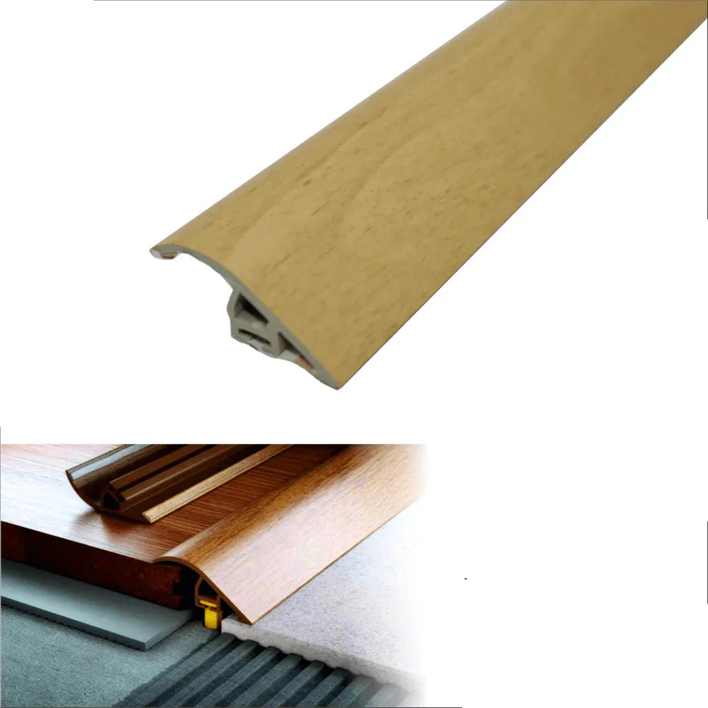 Wooden strip with beech finish, UPVC label, and installation diagram on a white background