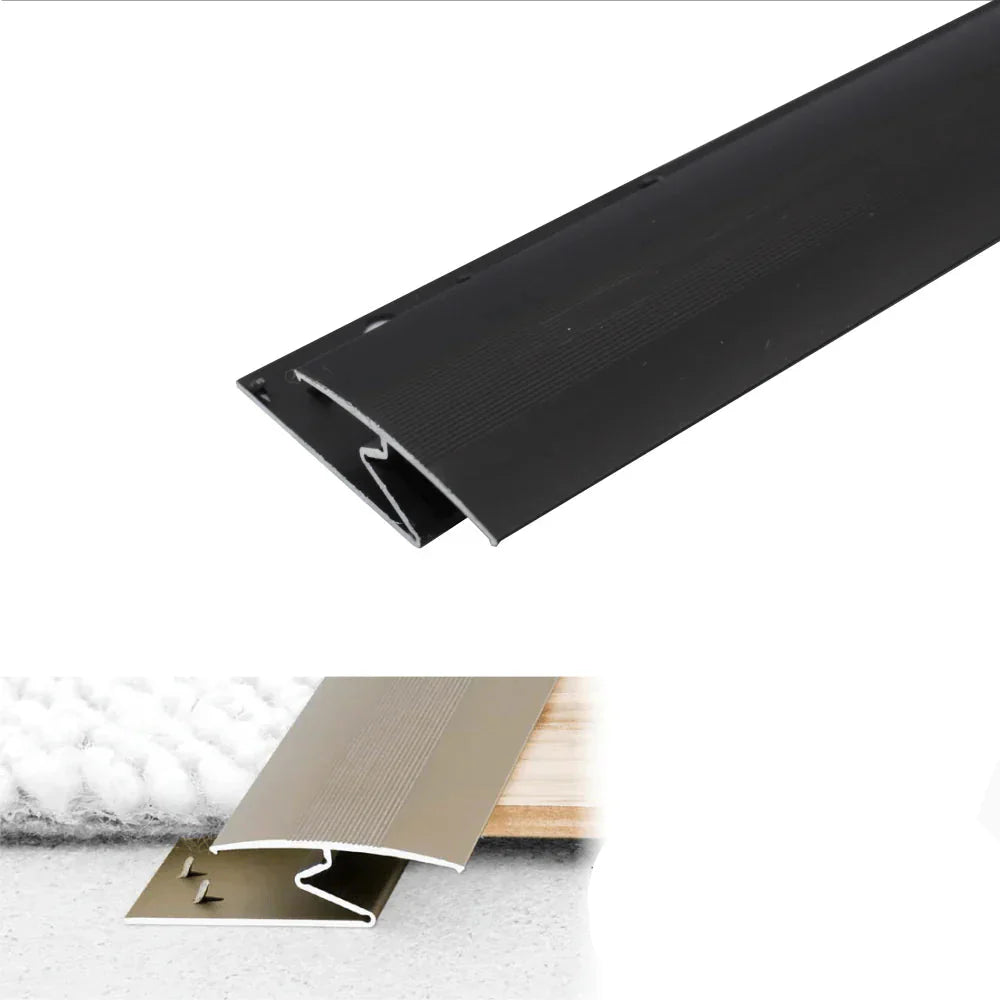 Black metal threshold with measurements and details on a white background