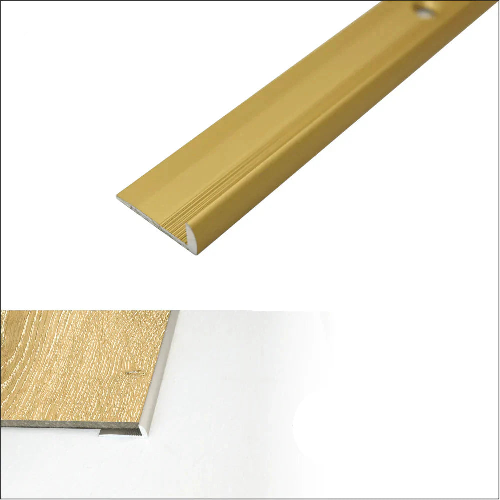 Gold metal strip with dimensions and features on a white background
