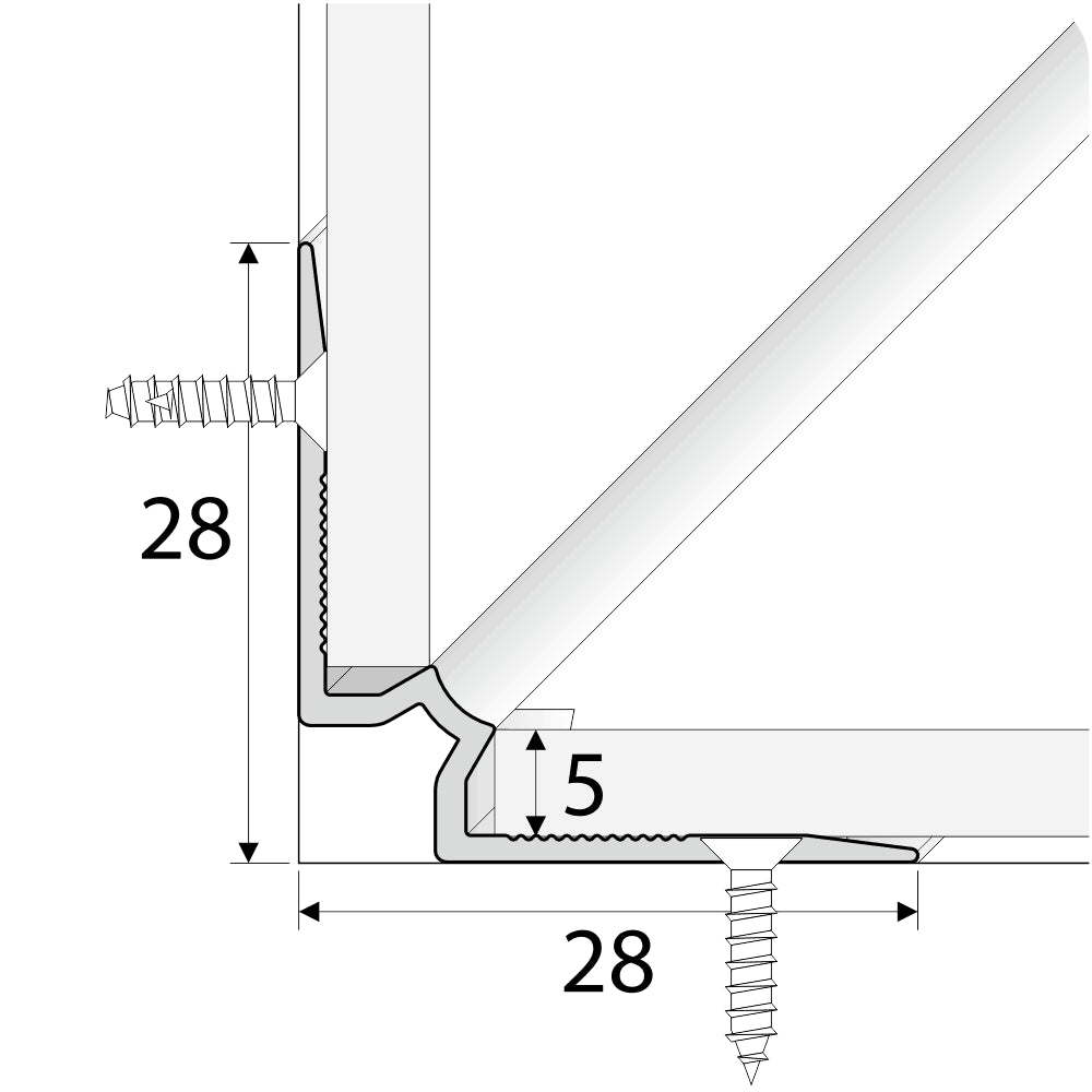 C31 28 x 28mm Anodised Aluminium LVT Stair nosing Inner Corner For 5mm Flooring