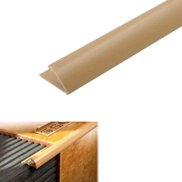 Caramel-colored PVC strip with dimensions and features on a white background