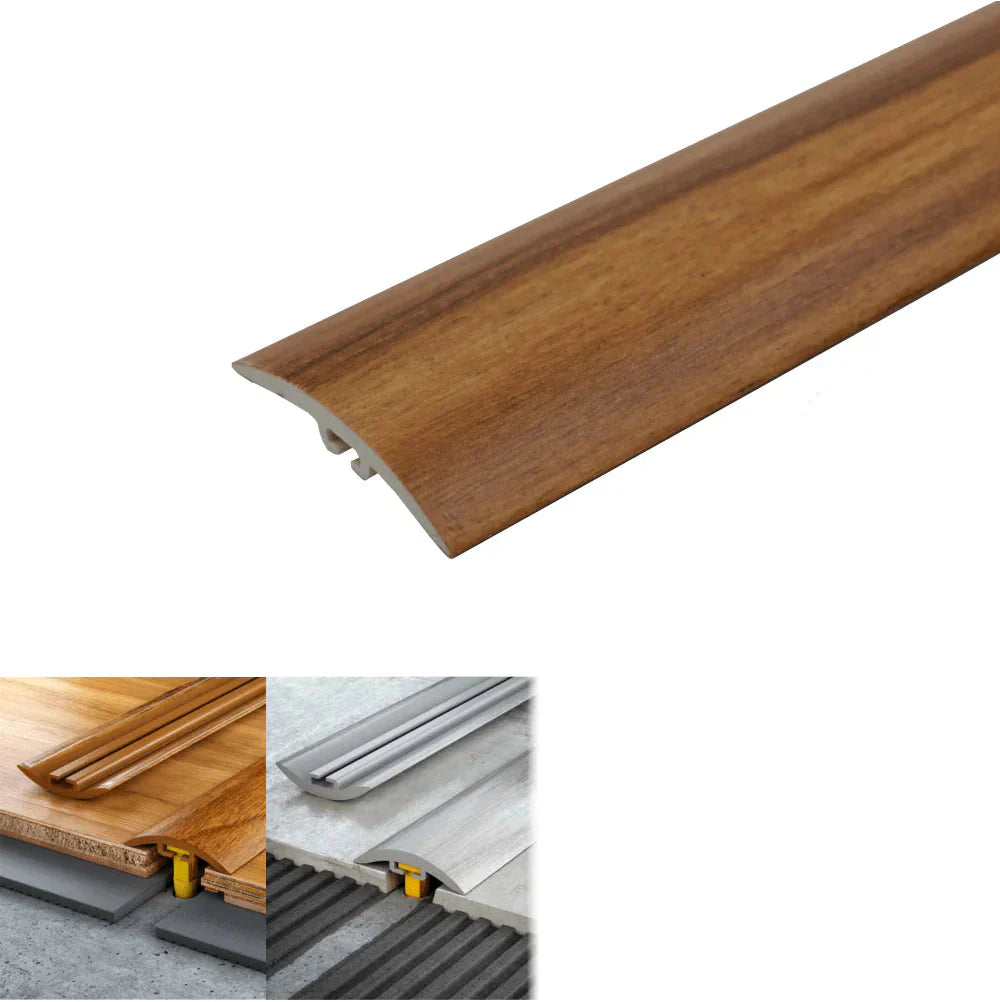Wooden floor trim with chestnut color swatch and installation details on a white background