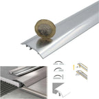 Chrome strip with a coin for scale, showing dimensions and features on a white background.