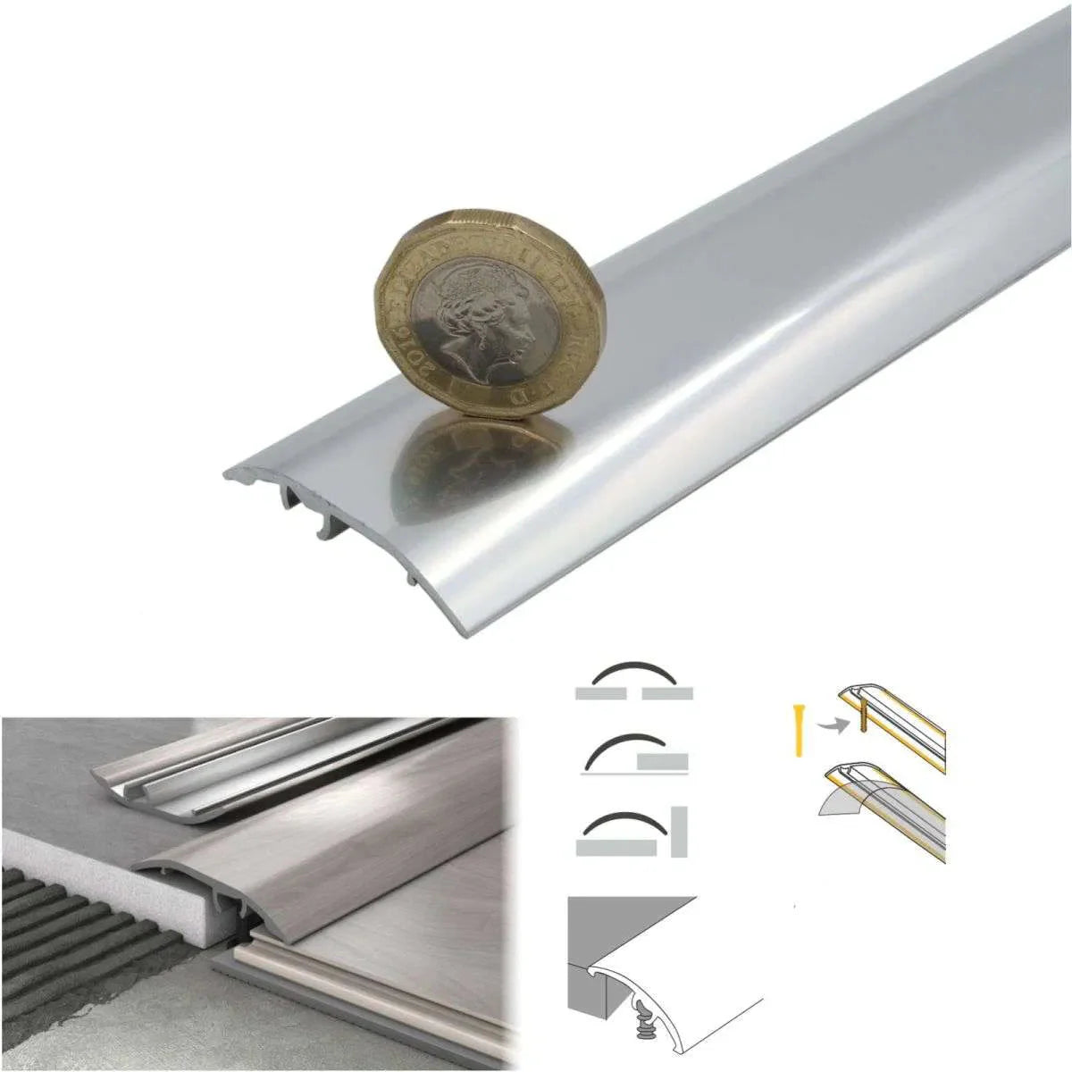Chrome strip with a coin for scale, showing dimensions and features on a white background.