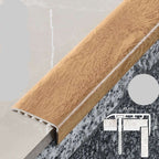 Wooden floor trim with UPVC label and dimensions on a tiled floor background