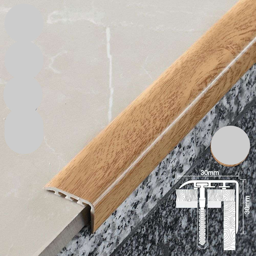 Wooden floor trim on a concrete surface with product details and specifications.