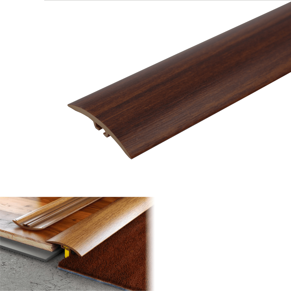 Wooden floor trim sample with specifications and color swatch on a white background
