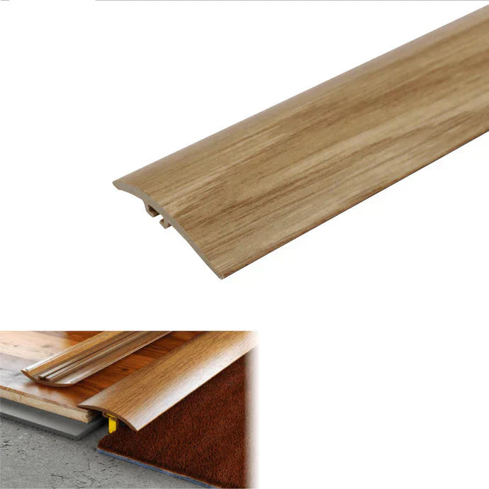 Wooden floor trim with UPVC label, dimensions, and material type on a white background
