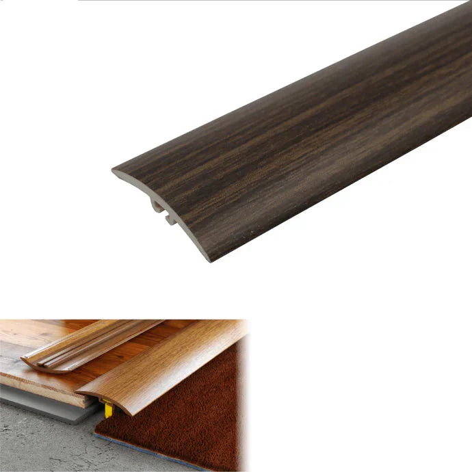 Wooden floor trim with Wenge color option and technical details on a white background