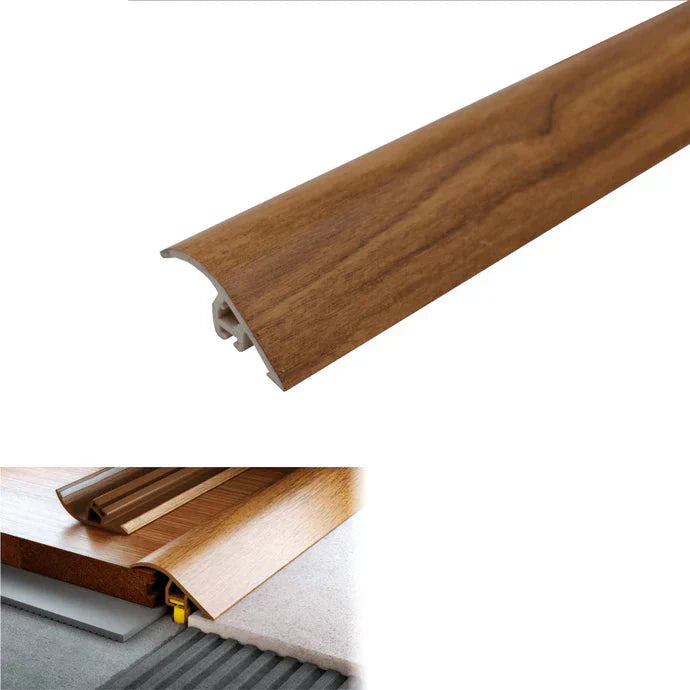 Wooden strip with UPVC label, chestnut color swatch, and installation diagram on a white background