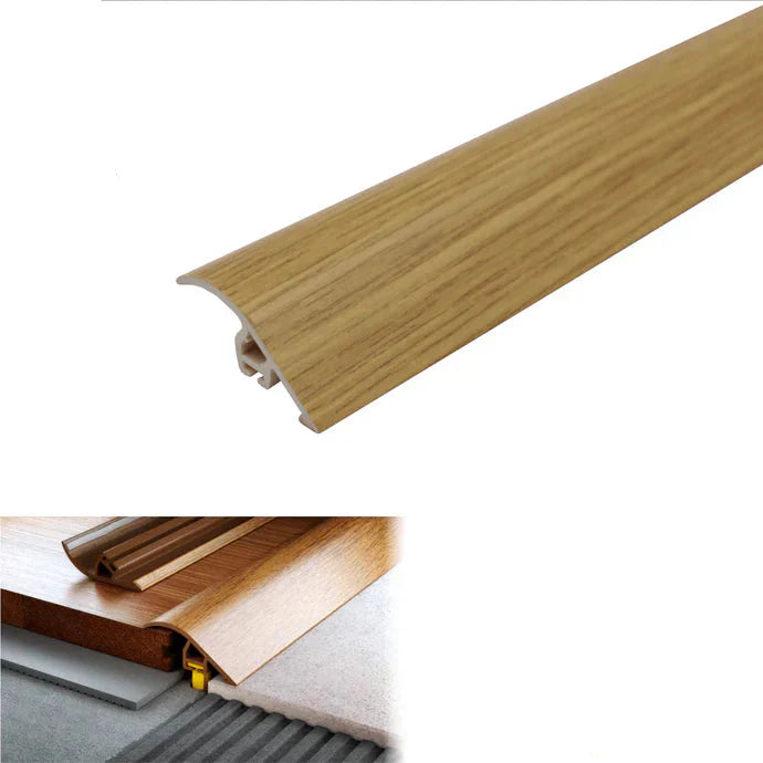 Wooden floor trim with UPVC label, dimensions, and installation diagram on a white background.