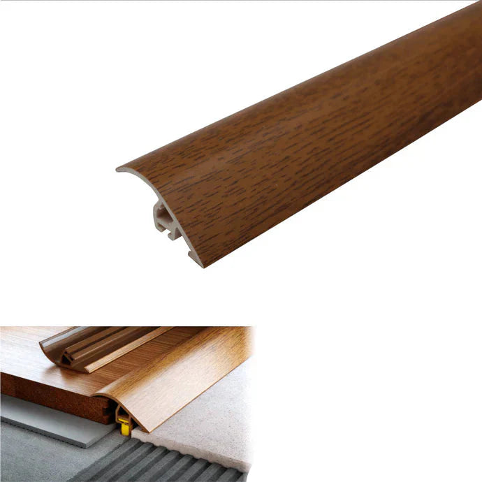 Wooden strip with UPVC label, walnut color swatch, and installation diagram on a white background