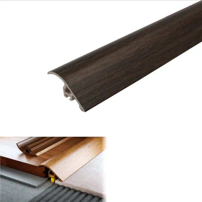 Wooden door threshold with Wenge finish, UPVC material, and installation diagram on a white background.