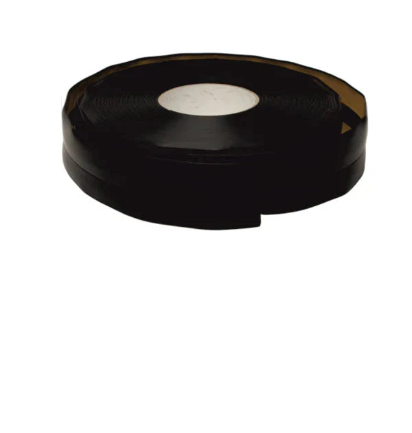 Black tape roll with measurements and material details on a white background