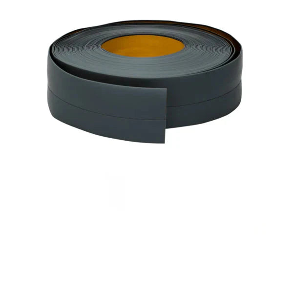 Dark grey PVC strip with dimensions and features on a white background