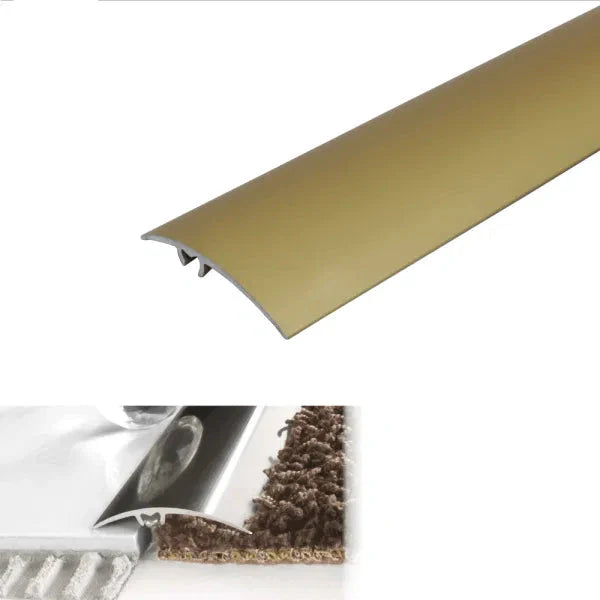 Gold metal strip with installation instructions and product details on a white background