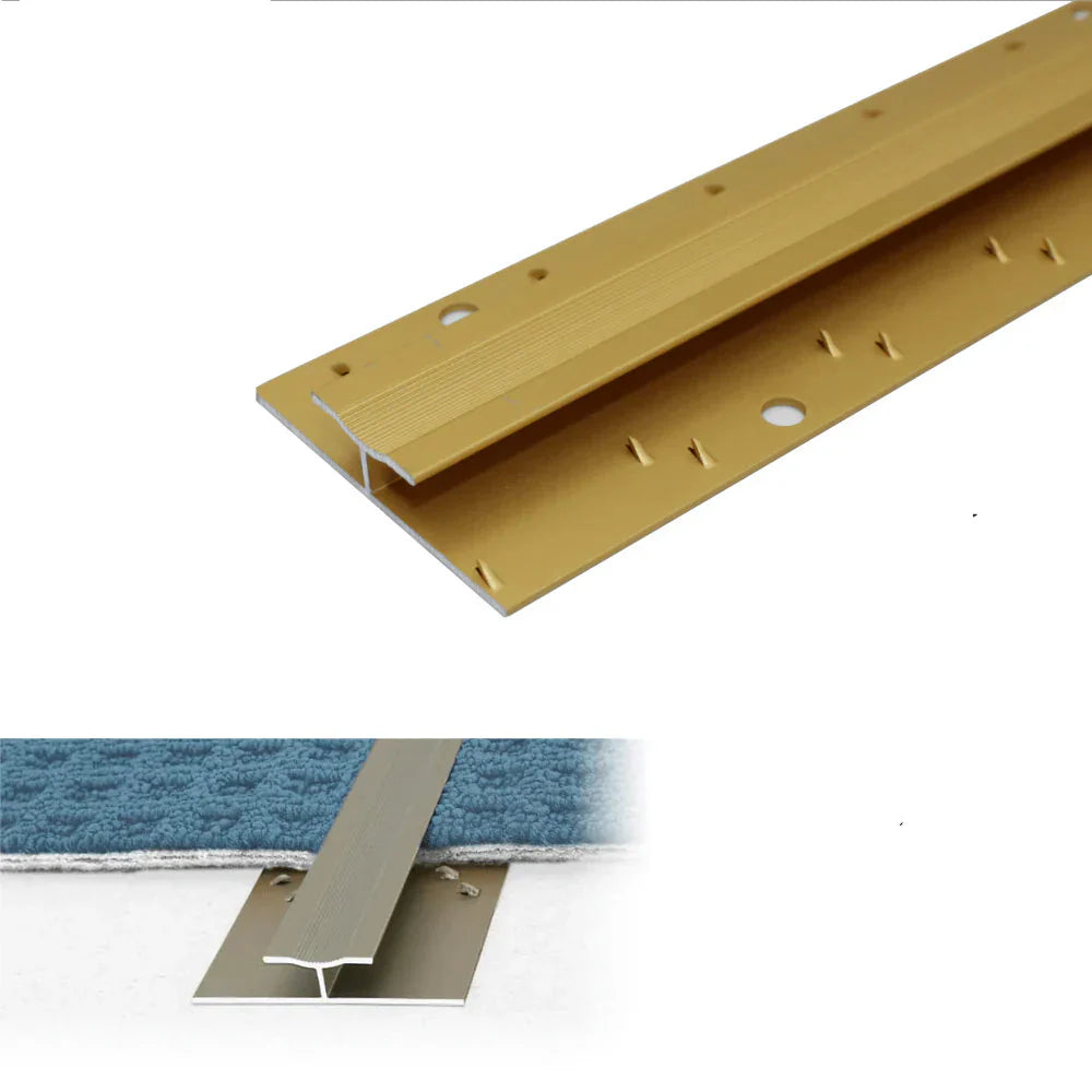 Gold metal threshold with installation diagram and specifications on a white background