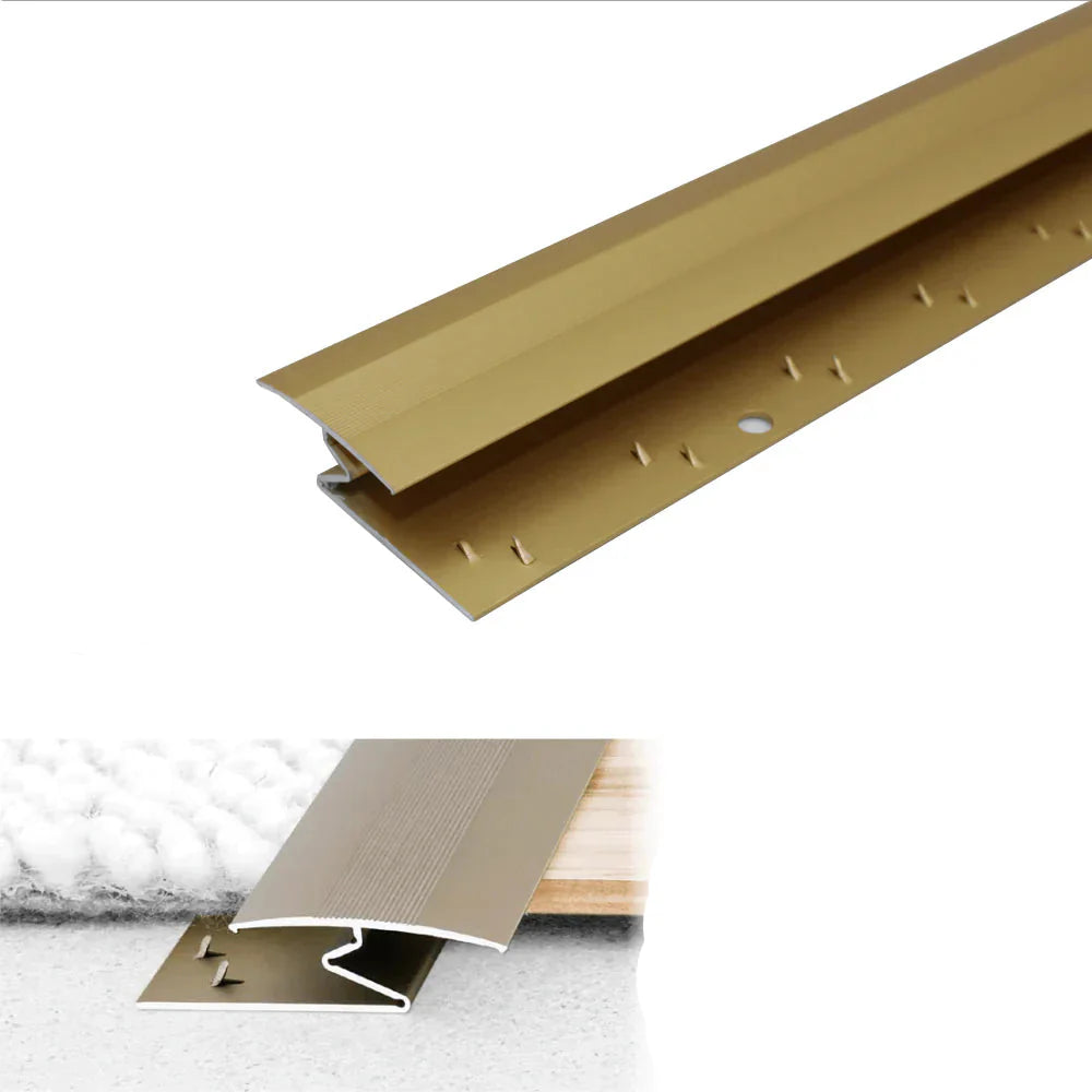 Gold metal threshold strip with installation diagram on a white background