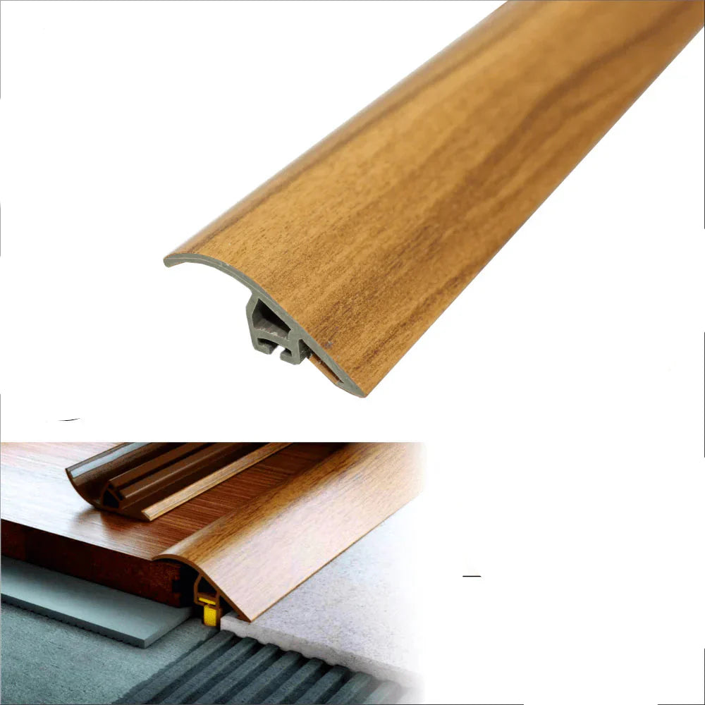 Wooden floor trim with gold nut detail on a white background