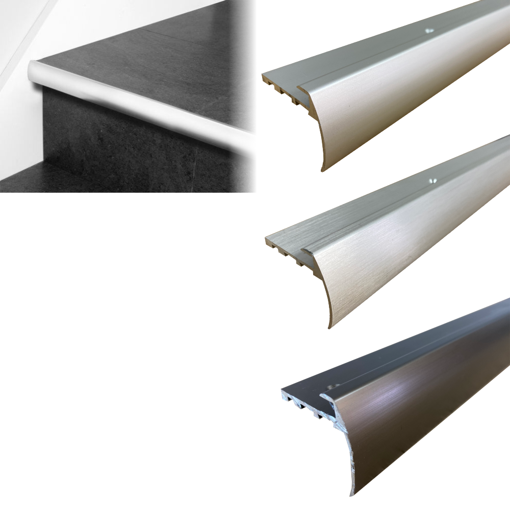 Stair nosings and threshold tracks with measurements on a white background